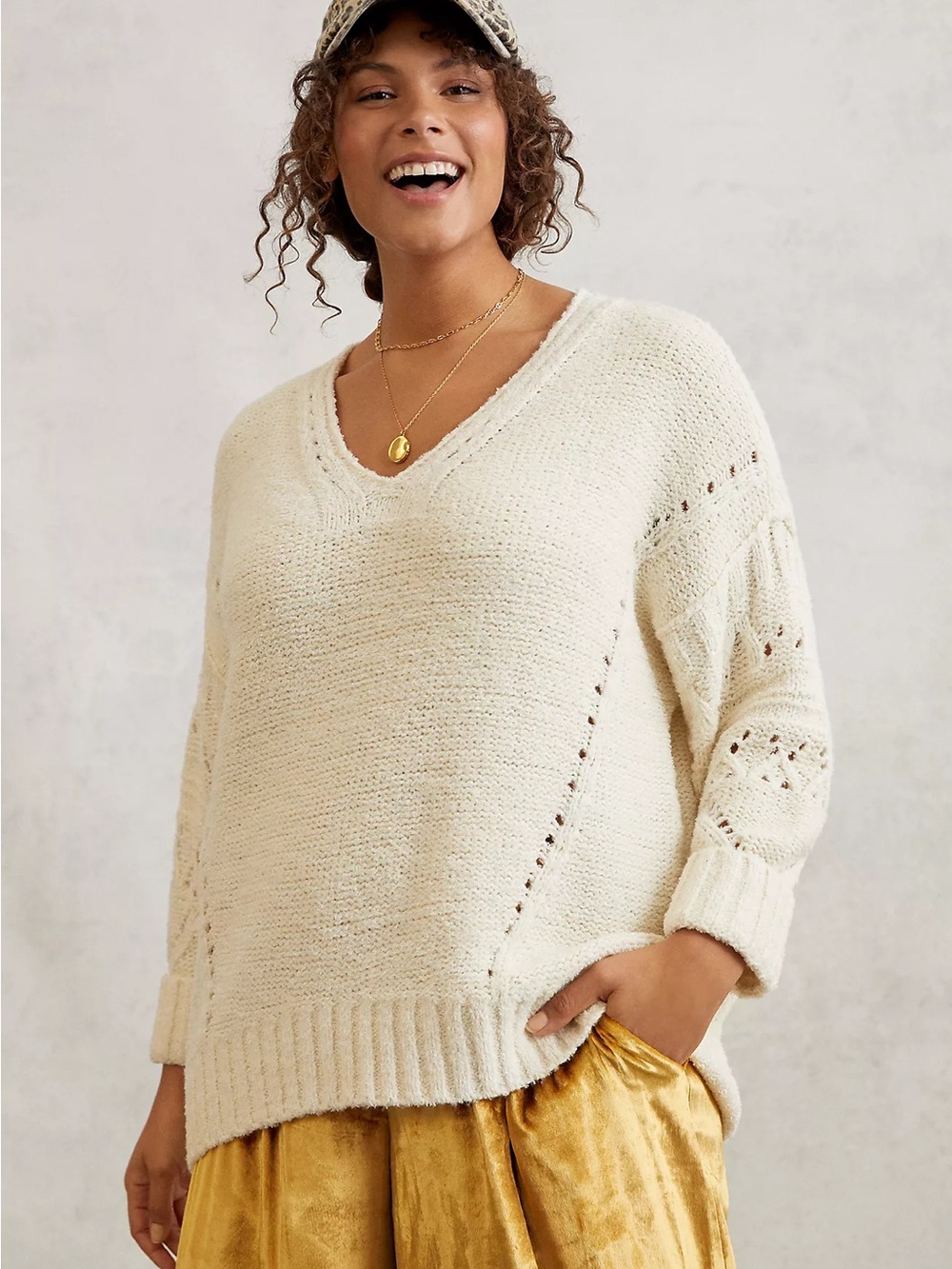 Anthropologie Pilcro Marla V-Neck Open-Stitch Sweater Cotton and Merino Wool